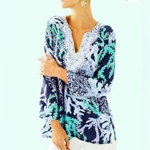 Lilly Pulitzer Renato Silk Tunic Swish Sway Deep Indigo Blouse Size Small 🦋🦋🦋